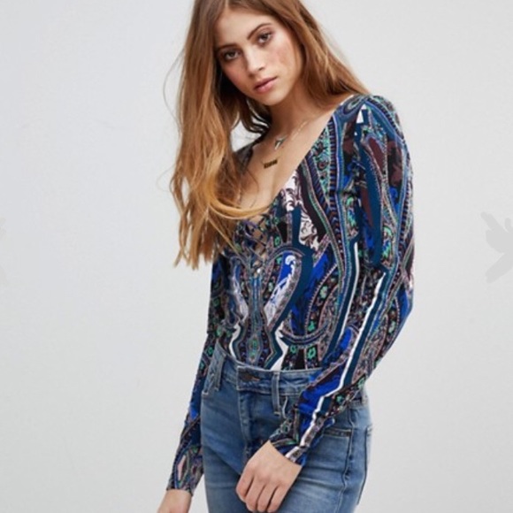NWT Free People Blue Paisley Pick A Place Bodysuit - Picture 2 of 8